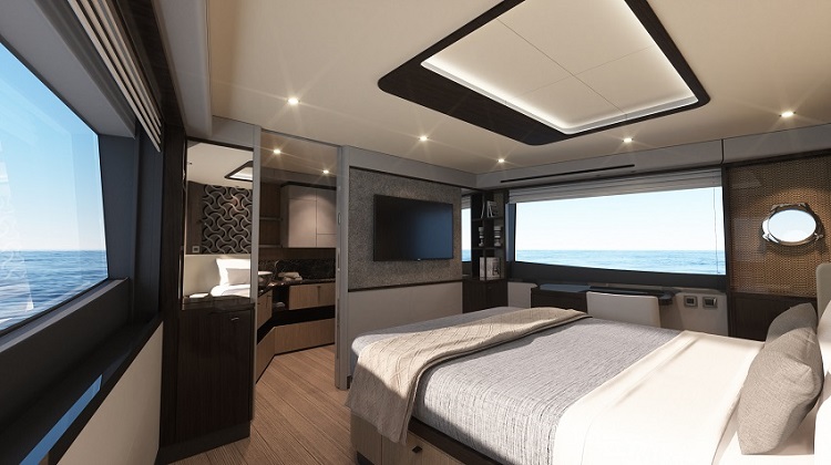60 Fly, vista cabina con bagno yacht Absolute | Render Superresolution