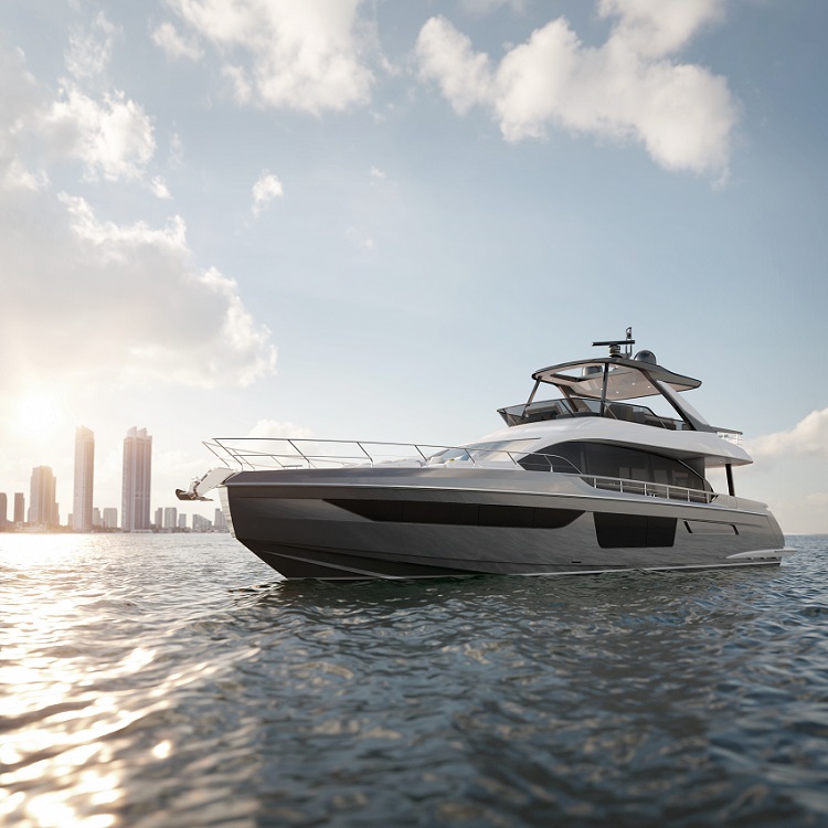 Azimut 68, yacht davanti alla baia di Miami | Render Superresolution