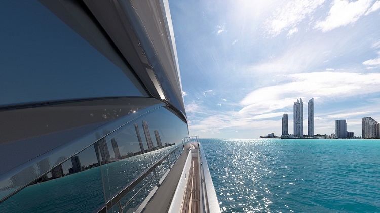 Azimut 68, riflesso di Miami sul vetro dello yacht | Render Superresolution