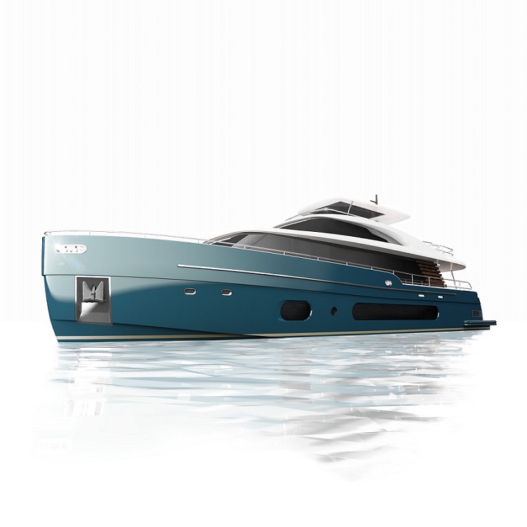 Azimut Magellano 25m, prua yacht su sfondo bianco | Render Superresolution