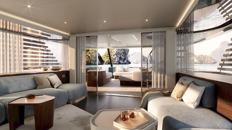 Magellano 30m Azimut Yachts, salone con divani main deck | Render Superresolution