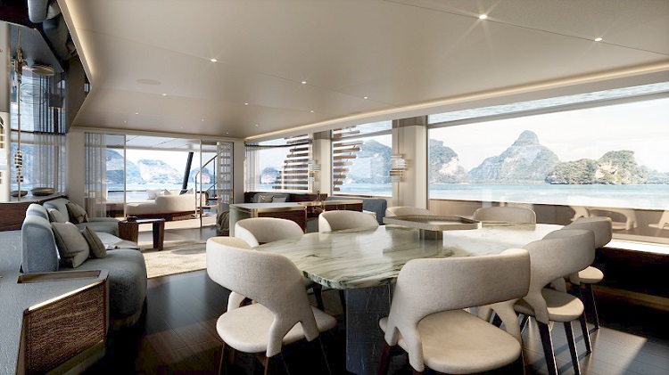 Magellano 30m Azimut Yachts, zona pranzo main deck | Render Superresolution