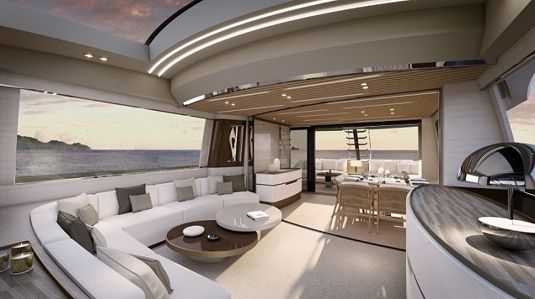 Azimut Grande S10, living con divani bianchi e soffitto vetrato main deck | Render Superresolution