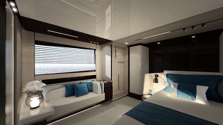 Azimut Grande S10, dettaglio cabina armatoriale con zona relax | Render Superresolution