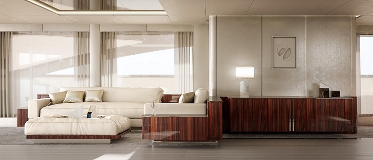 Yacht Benetti B.Now, zona soggiorno con divani in pelle | Render Superresolution