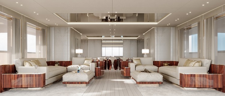 Yacht Benetti B.Now, zona living con divani in pelle | Render Superresolution