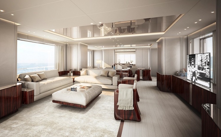 Yacht Benetti B.Now, particolare zona giorno con divani in pelle e tv | Render Superresolution