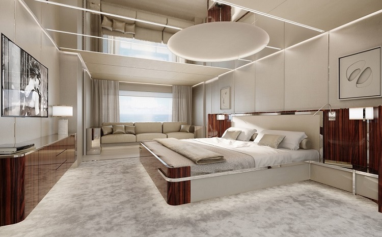 Yacht Benetti B.Now, cabina armatoriale con soffitto a specchio | Render Superresolution