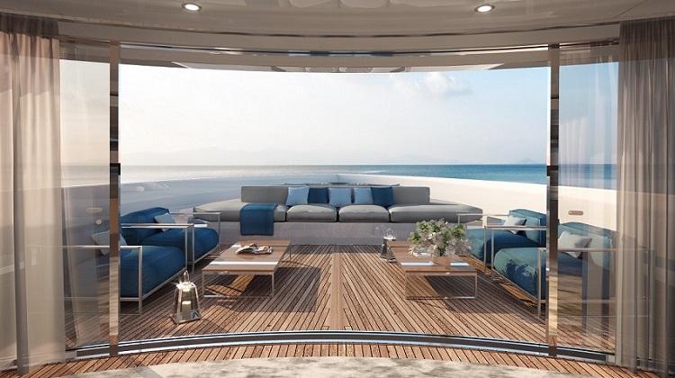 Yacht Benetti B.Yond, salone esterno di prua con divani | Render Superresolution