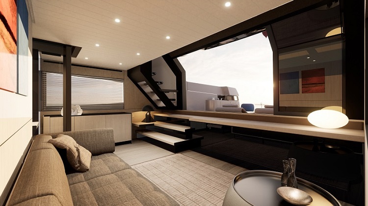 BGX60, salone con vetrate yacht bluegame | Render Superresolution