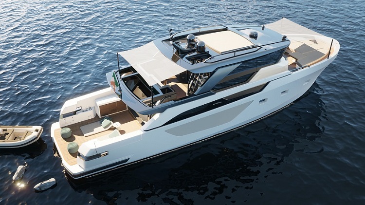 BGX60, vista esterna yacht bluegame con tender e tendalino | Render Superresolution