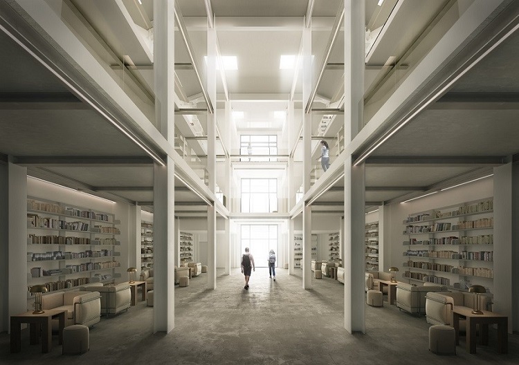 centro del Libro di Arborea progettato da Politecnica, interno con zone lettura | Render Superresolution