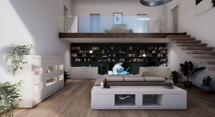 Virtual Showroom Mondo Convenienza, zona living con mobili in legno chiaro e parete attrezzata