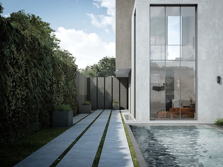Urban House per Porcelaingres, esterno della villa con giardino e piscina | Render Superresolution