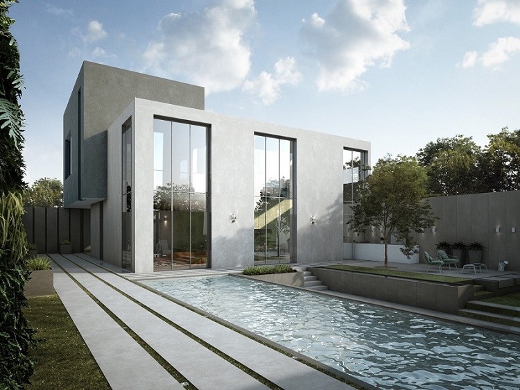 Urban House per Porcelaingres, esterno villa moderna con piscina | Render Superresolution