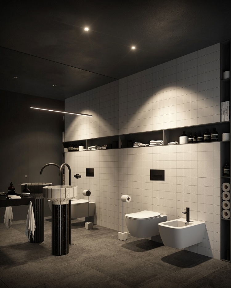 Villa Etna, bagno con parete a specchio e lavabo antonio lupi | Render Superresolution