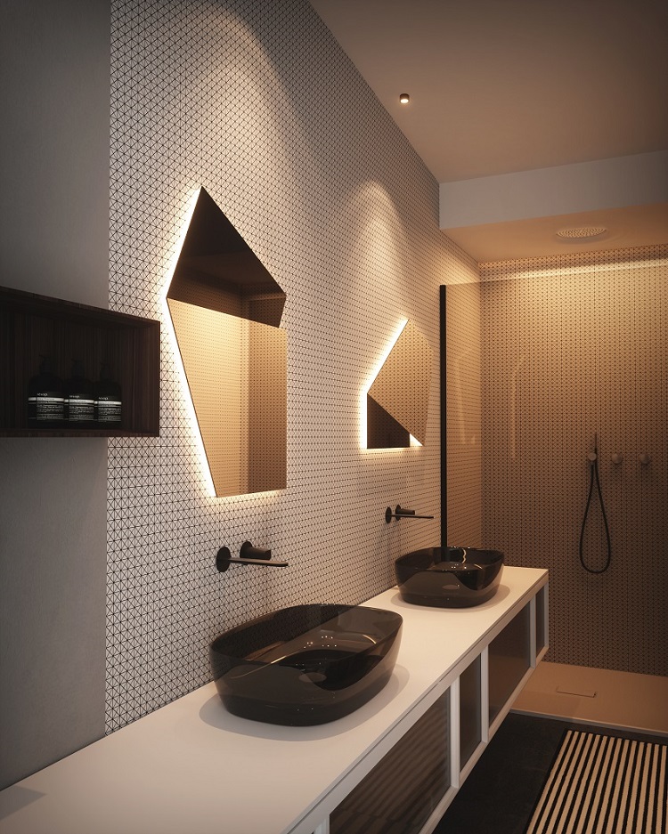 Villa Etna, bagno con lavabi neri e specchi irregolari | Render Superresolution