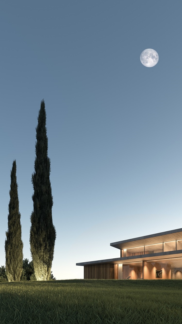 Villa etna, vista esterna con luna e cipressi | Render Superresolution