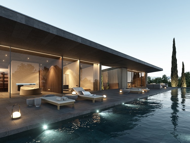 Villa Etna, vista dalla piscina | Render Superresolution
