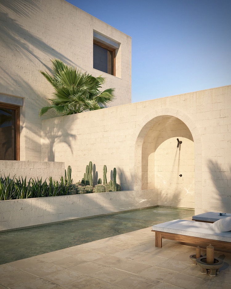 masseria con doccia esterna, piscina, cactus e palme