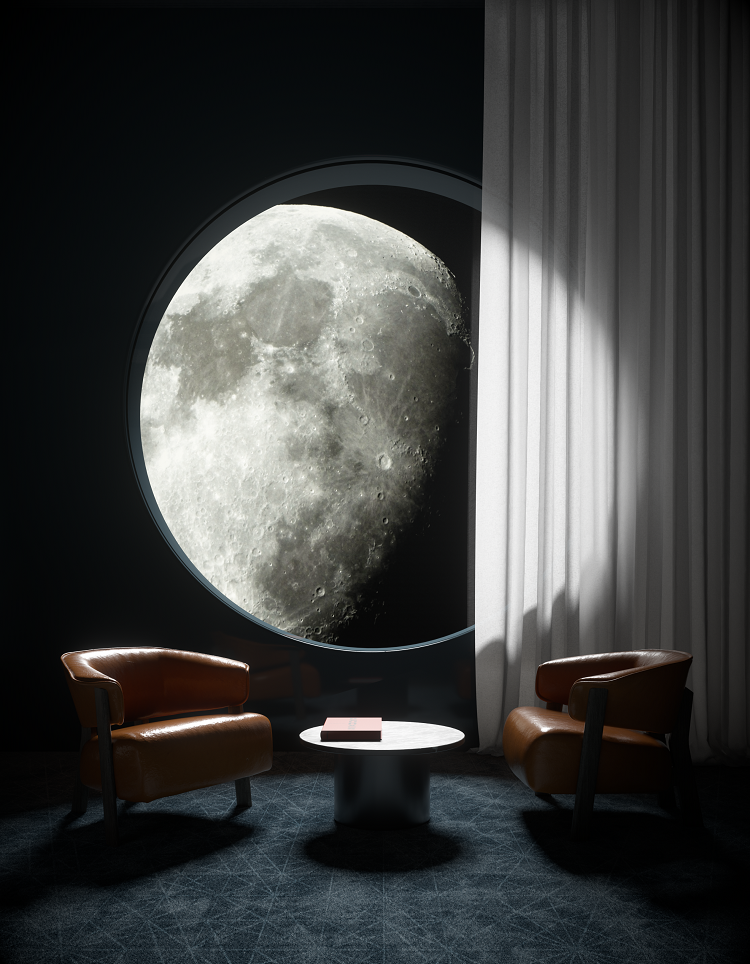 salottino davanti ad un oblò con vista luna nello spazio | Render Superresolution