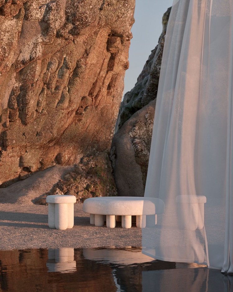 Set di tavolo e sgabelli in spiaggia surreale con pareti rocciose | Render Superresolution