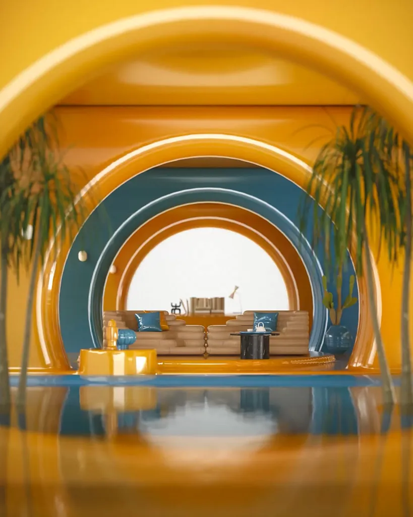 70s Island, ambiente circolare anni Settanta in giallo e blu riflesso nell'acqua