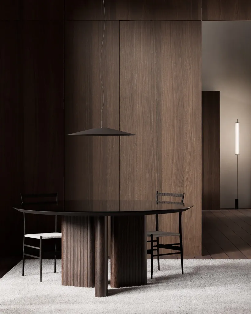 Render di una sala da pranzo Arrital Home Collection con boiserie in legno scuro e tavolo tondo nero