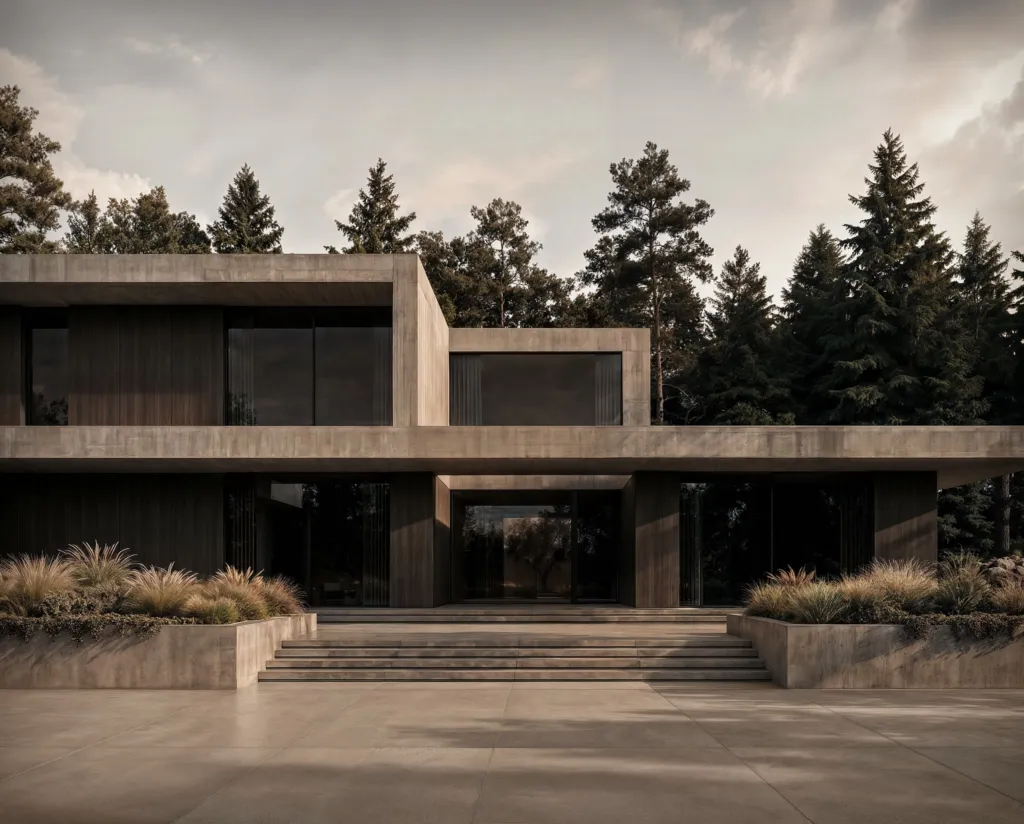 Render di una villa contemporanea in pietra e legno tra i pini, dall'Arrital Housebook