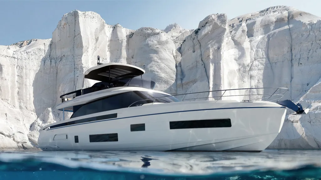 Render dello yacht Azimut Fly 70 in navigazione davanti a scogliere bianche