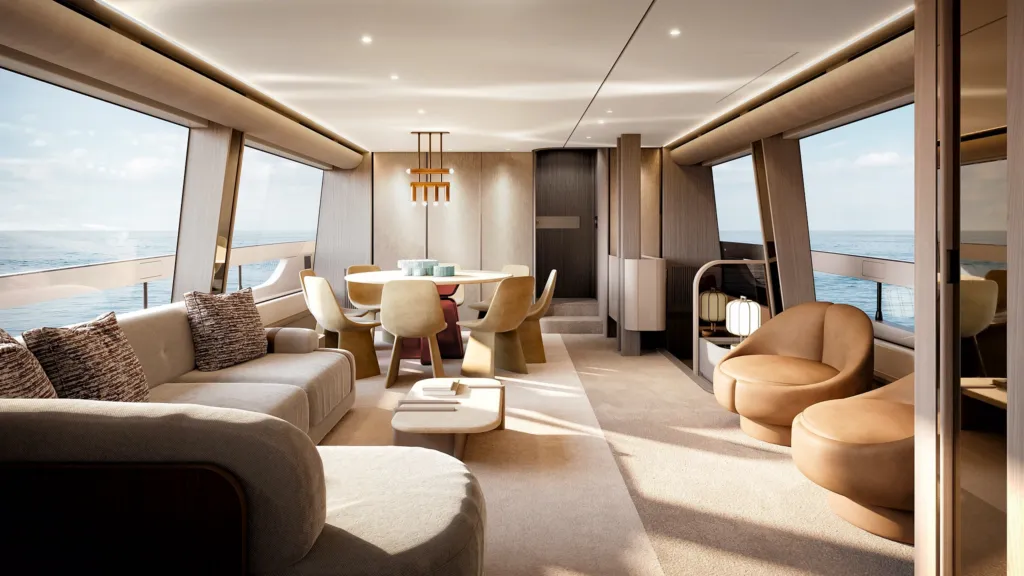 Salone dell'Azimut Fly 82 con divani chiari, zona pranzo e finestrature continue sul mare