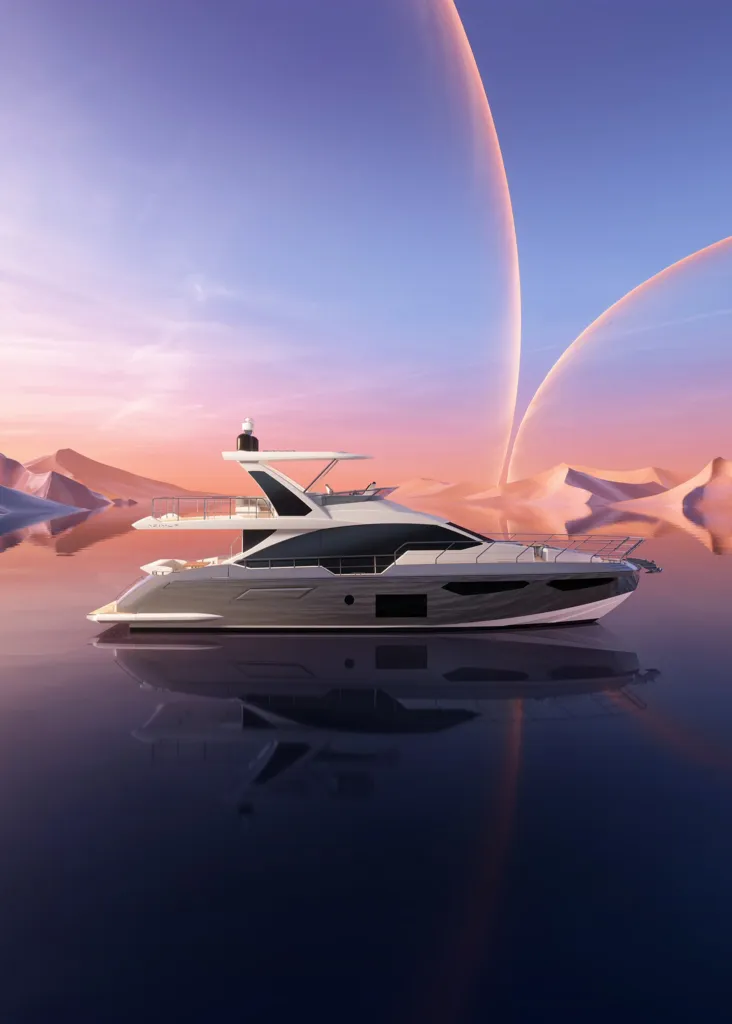 Azimut Fly 60 su acqua a specchio sotto un cielo con anelli luminosi