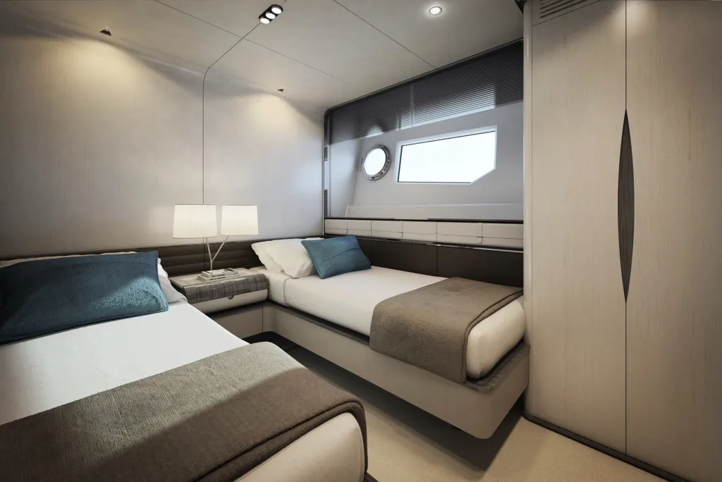 Cabina doppia dell'Azimut Grande 35M con due letti singoli e oblò