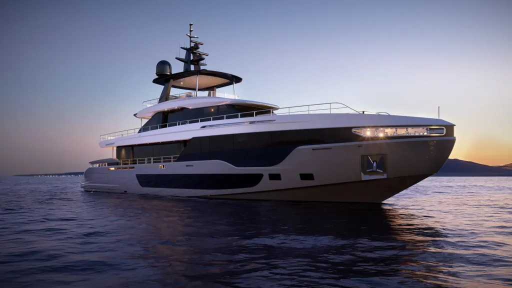 Render dello yacht Azimut Grande 36M di tre quarti di prua al tramonto