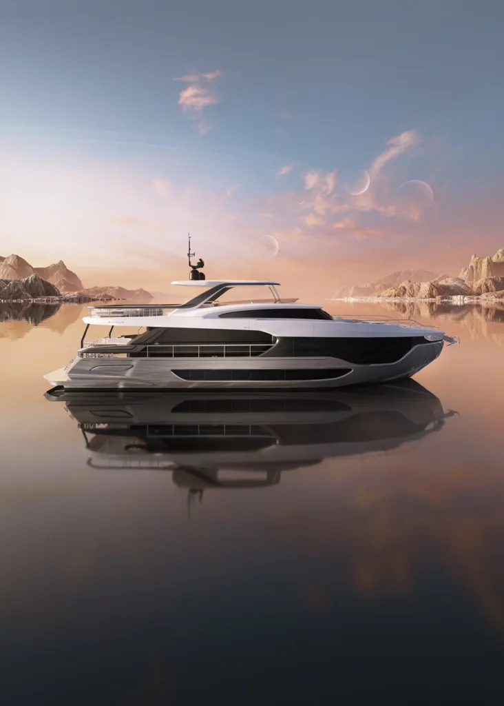 Azimut Grande 26M su acqua immobile in un paesaggio surreale all'alba