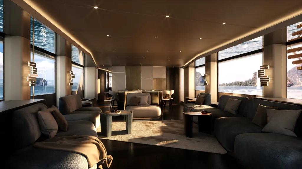 Salone del Magellano 30M con divani grigio azzurro e grandi finestrature sul mare
