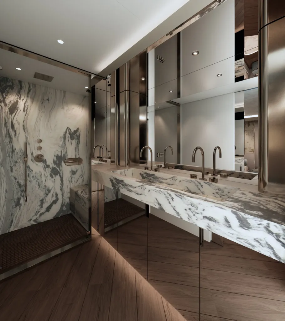 Bagno armatoriale del Magellano 30M con lavabo in marmo venato e specchio