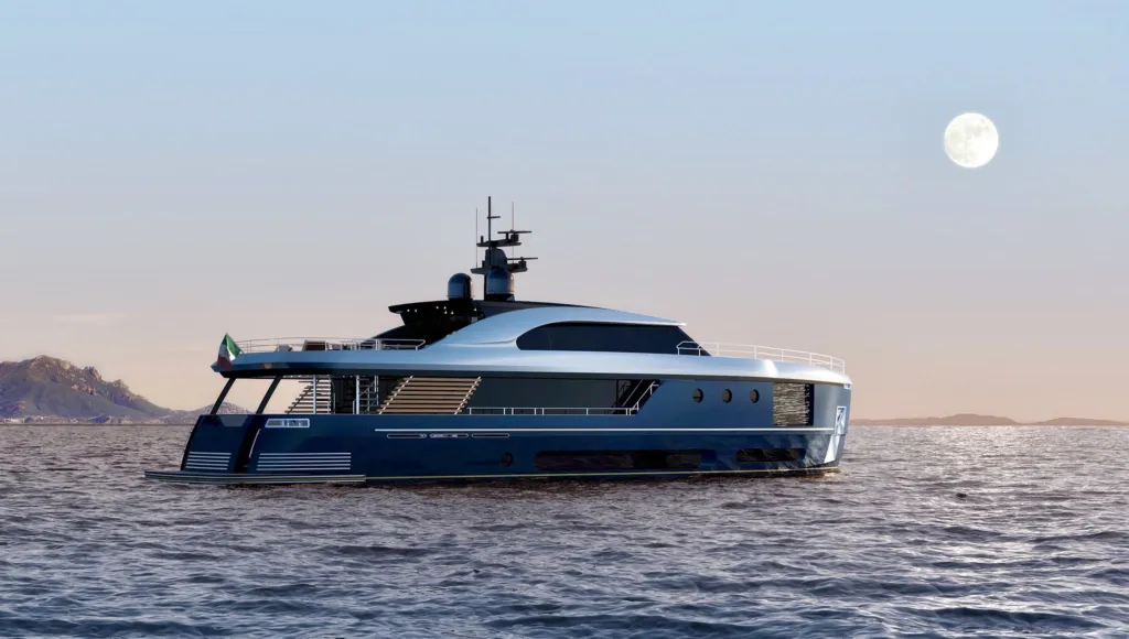 Render dello yacht Azimut Magellano 30M in uno scenario surreale