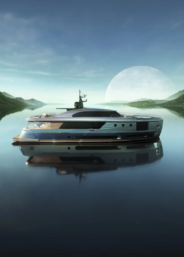Azimut Magellano 30M su acqua calma in un paesaggio onirico verde acqua con luna