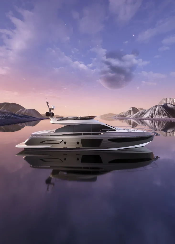Azimut S7 su acqua a specchio sotto un cielo lilla
