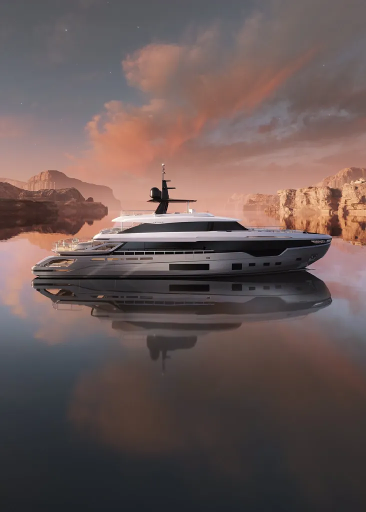 Yacht trideck Azimut su acqua immobile tra rocce e nuvole rosa in un paesaggio onirico