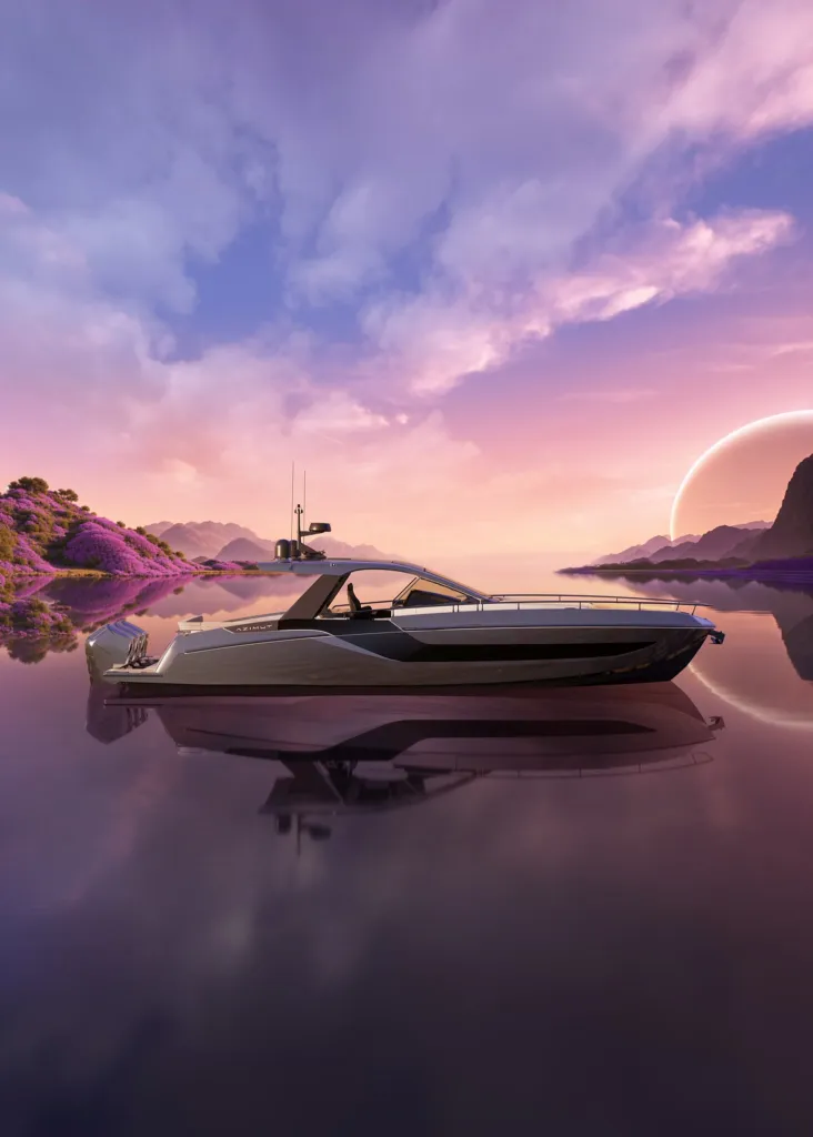 Azimut Verve 48 su acqua a specchio in un paesaggio onirico viola, campagna Dare to Amaze