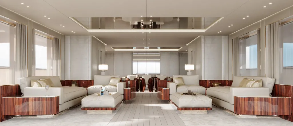 Vista frontale del salone del Benetti B.Now con arredi su disegno di Roberto Baciocchi