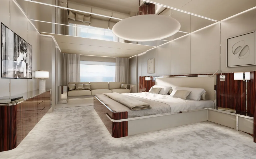 Cabina armatoriale del Benetti B.Now con letto matrimoniale e soffitto a specchio