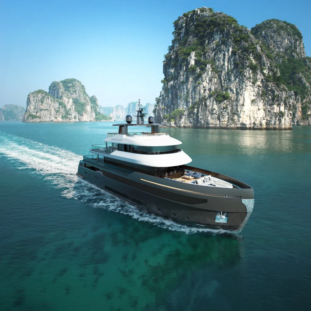 Yacht Benetti B.Yond 37M in navigazione tra faraglioni calcarei