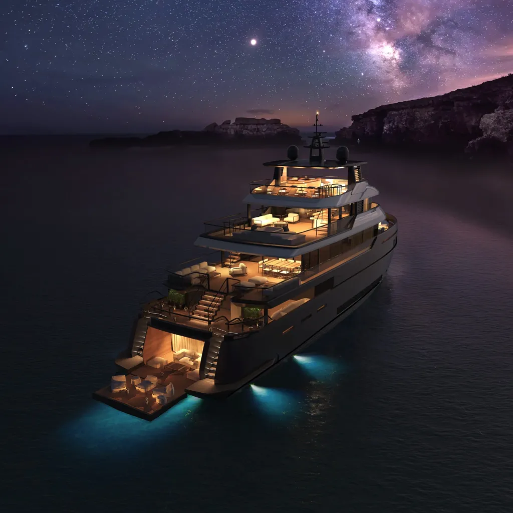 Benetti B.Yond 37M illuminato di notte sotto un cielo stellato