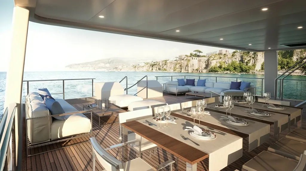 Pozzetto del Benetti B.Yond 37M con tavolo da pranzo in legno e vista sulla costa