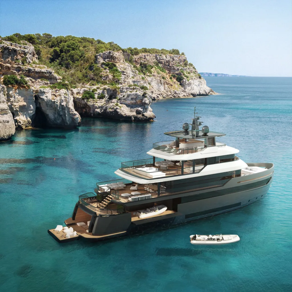 Benetti B.Yond 37M all'ancora in una caletta della Sardegna con tender e acqua turchese
