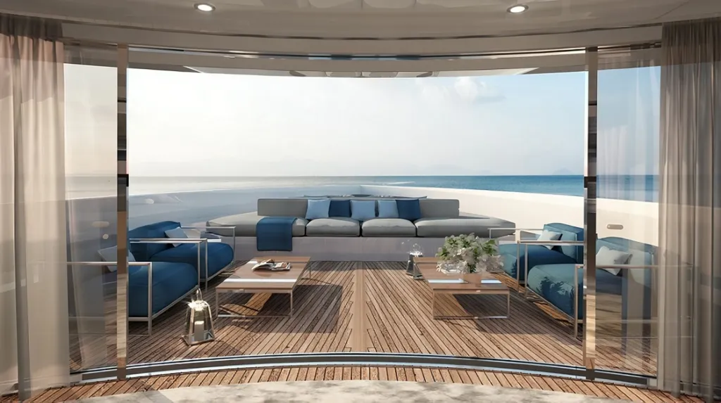 Ponte del Benetti B.Yond 37M con divani blu e vista sul mare dalla vetrata aperta