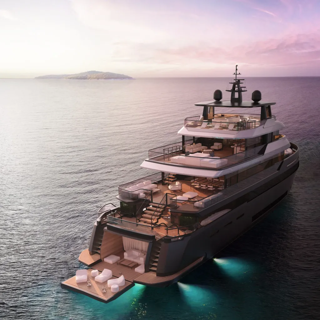 Poppa del Benetti B.Yond 37M con beach club aperto al tramonto